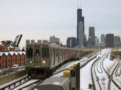Chicago skyline från stationen Cermak-Chinatown
